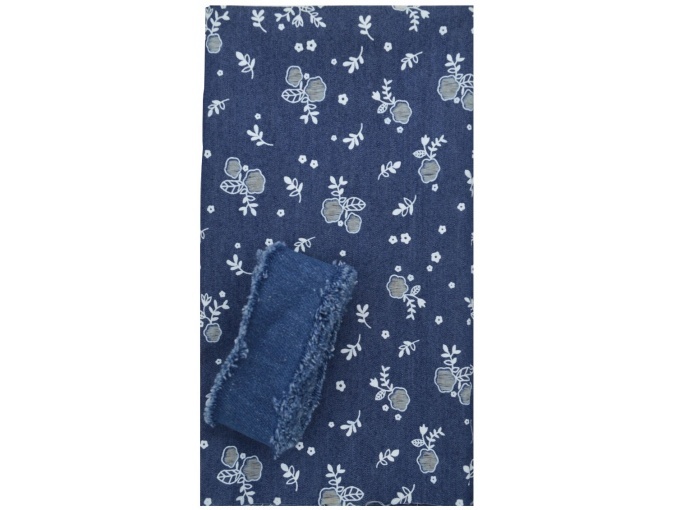 Navy with Flowers Denim Patchwork Fabric with Braid 29390 фото 1