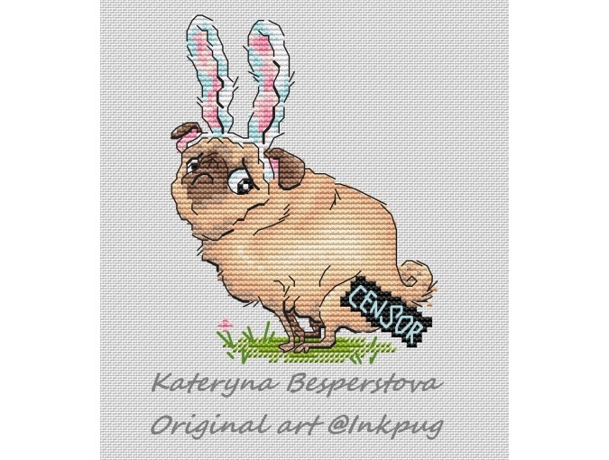 Bunny Pug Cross Stitch Pattern фото 1
