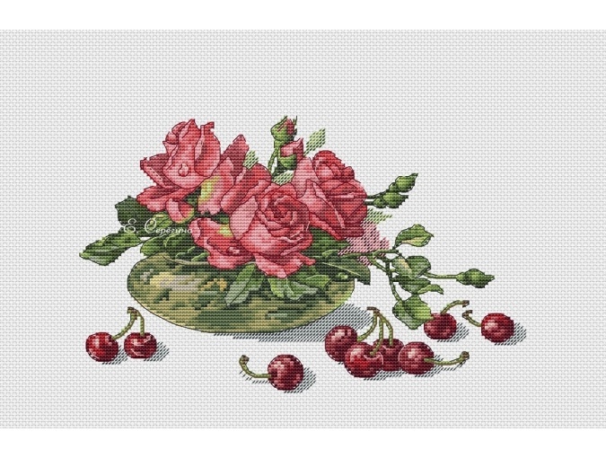 Roses and Cherries Cross Stitch Pattern фото 1