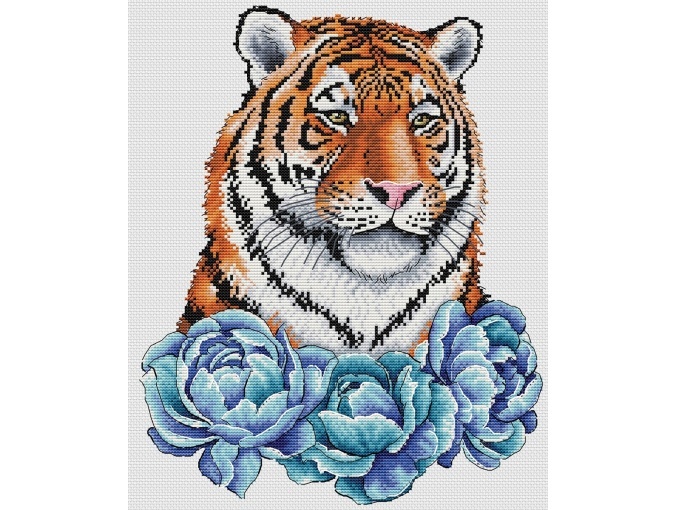 Tiger with Blue Peonies Cross Stitch Pattern фото 1
