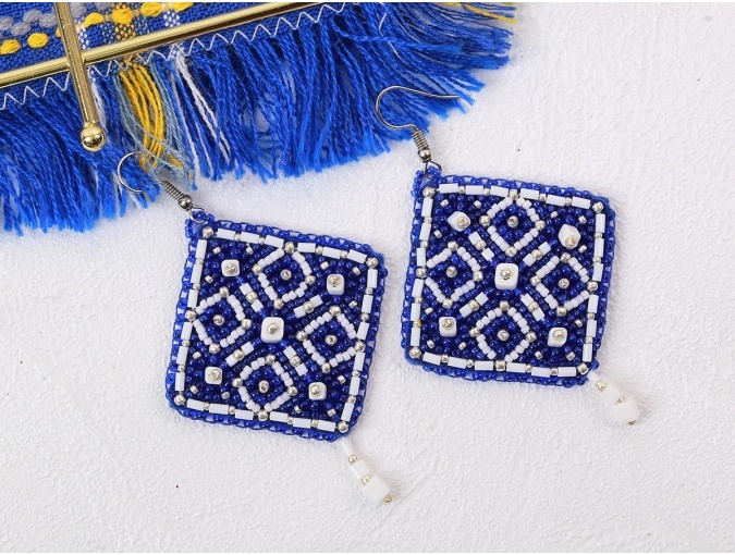 Square Earrings. Blue Ornament Bead Embroidery Kit фото 4