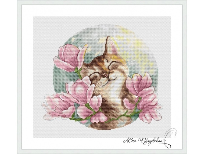 Cat in Magnolias Cross Stitch Pattern фото 1
