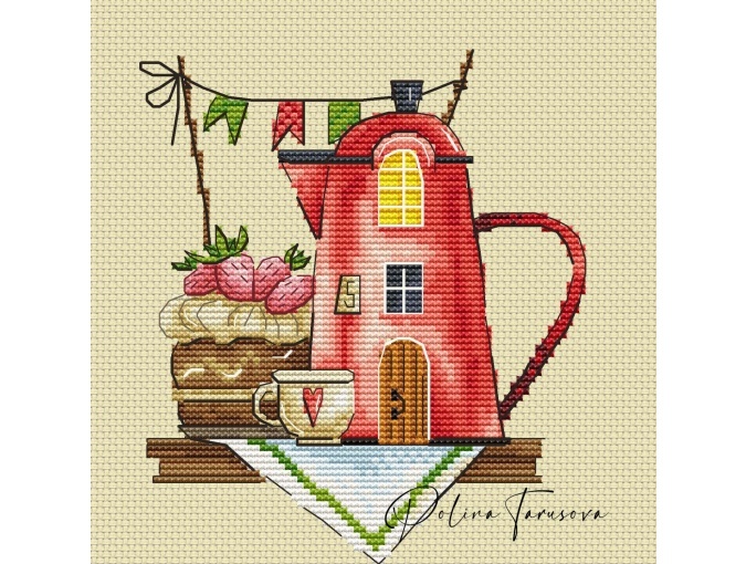 Coffee House with Cake Cross Stitch Pattern фото 1