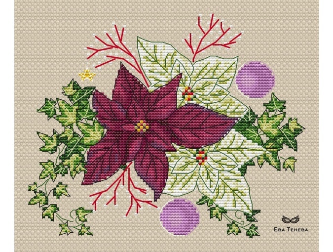 Composition with Burgundy Poinsettia Cross Stitch Pattern фото 2