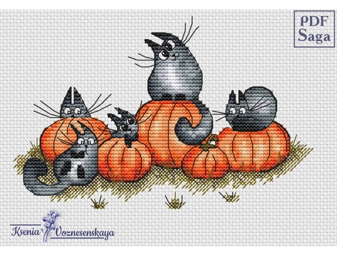 Cats in Pumpkins Cross Stitch Pattern фото 1