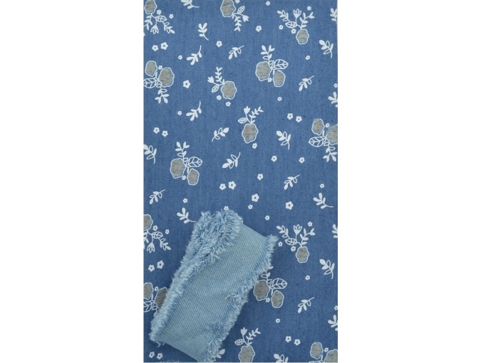 Blue with Flowers Denim Patchwork Fabric with Braid 29390 фото 1