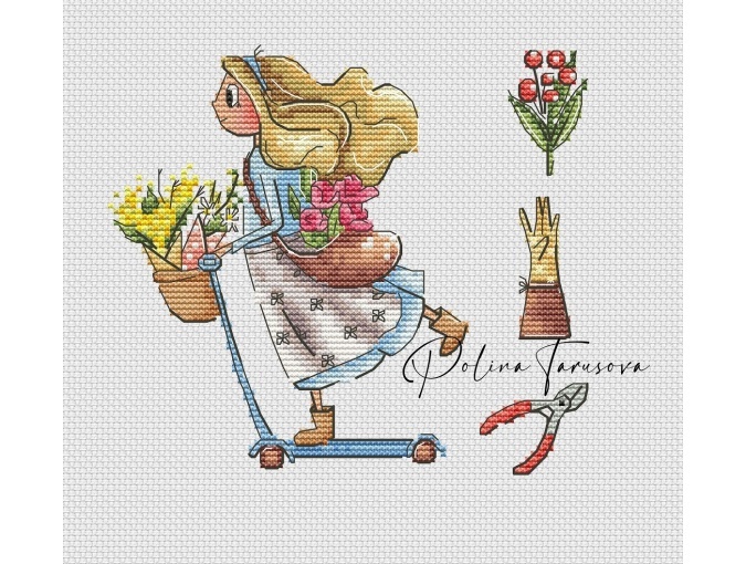 Gardener. On a Scooter Cross Stitch Pattern фото 1
