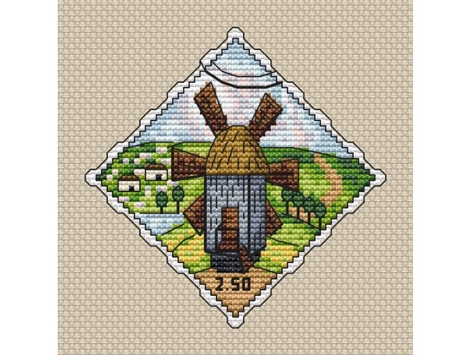 Postage Stamp. Mill in the Village Cross Stitch Pattern фото 2