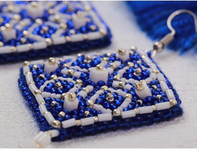 Square Earrings. Blue Ornament Bead Embroidery Kit фото 3
