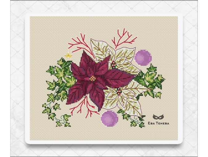 Composition with Burgundy Poinsettia Cross Stitch Pattern фото 1