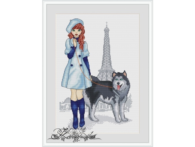 The Girl with the Husky Cross Stitch Pattern фото 1