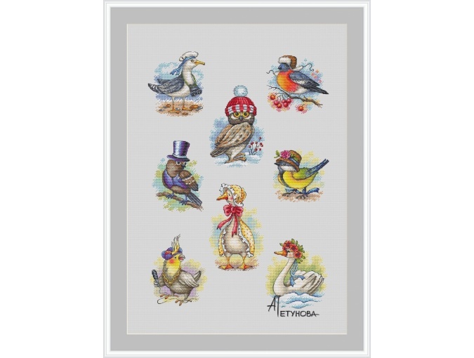Feathered Friends in Hats Cross Stitch Pattern фото 1