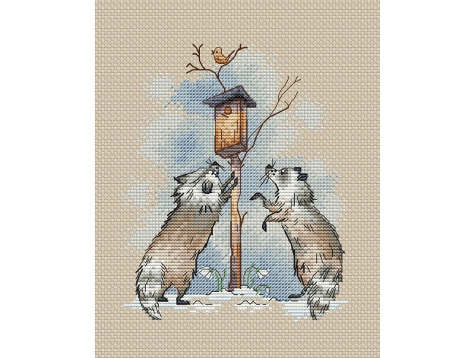 Raccoons and Birdhouse Cross Stitch Pattern фото 1