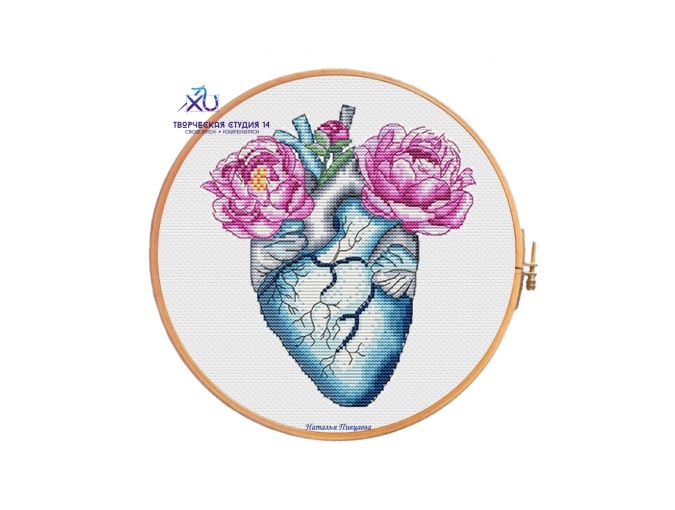 Anatomical Heart and Flowers Cross Stitch Pattern фото 1