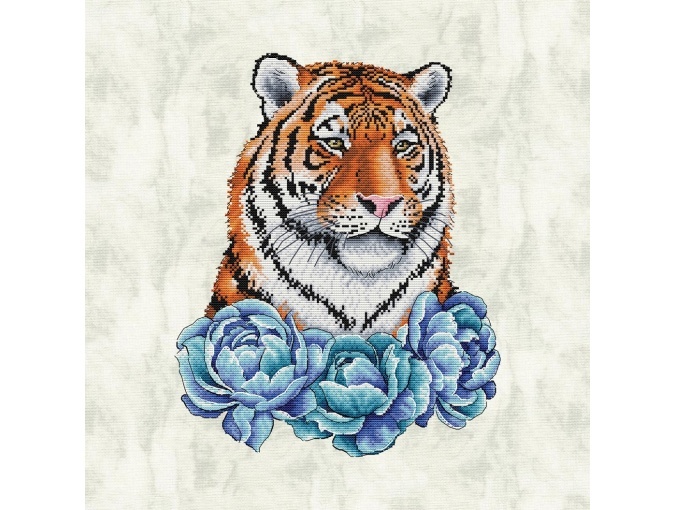 Tiger with Blue Peonies Cross Stitch Pattern фото 2