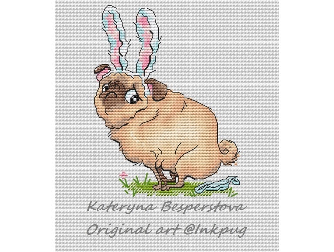 Bunny Pug with Plastic Bag Cross Stitch Pattern фото 1