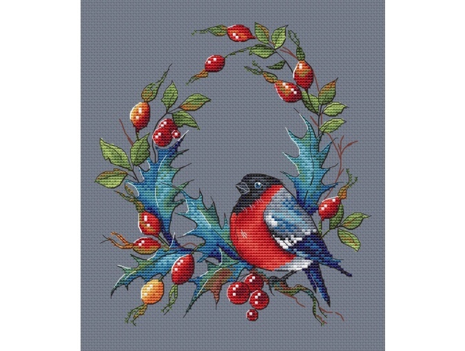 Bullfinch and Holly Cross Stitch Pattern фото 1