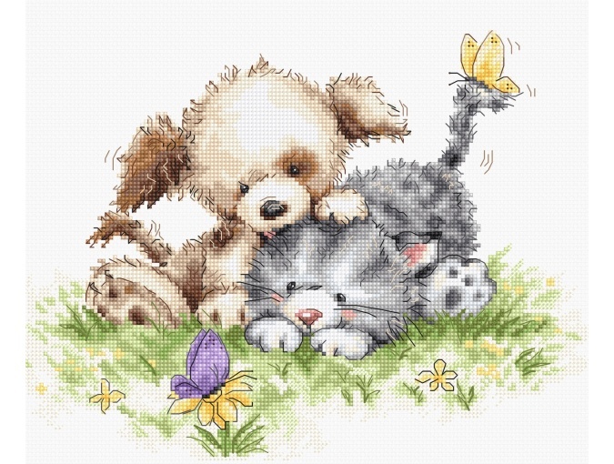 Dog and Cat with Butterfly Cross Stitch Kit фото 1