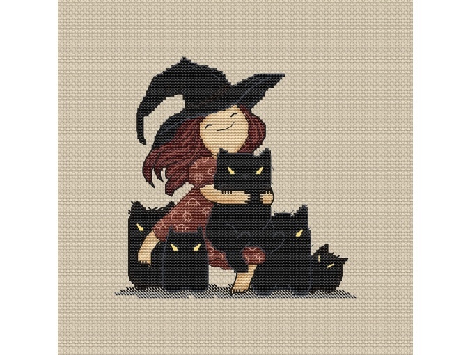 Witch with Cats Cross Stitch Pattern фото 1