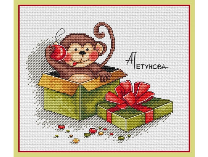 Monkey In The Gift Box Cross Stitch Pattern Code Ap 005 Anna Petunova Buy Online On Mybobbin Com