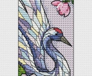 Stained-glass Crane in Apple Blossom Cross Stitch Pattern