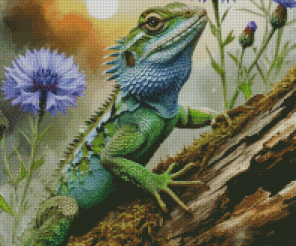Iguana in Cornflowers Cross Stitch Pattern