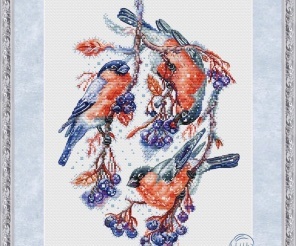 Bullfinches on Chokeberries Cross Stitch Pattern