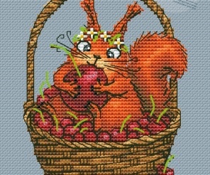 Squirrel and Basket of Cherries Cross Stitch Pattern