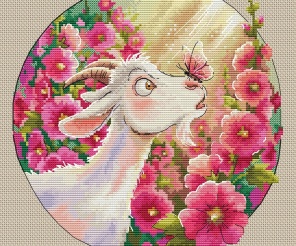 Meeting in Hollyhocks Cross Stitch Pattern