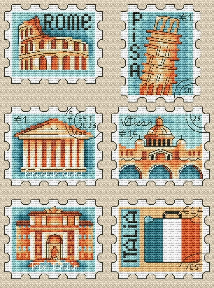 Italy Postage Stamp Set Cross Stitch Pattern фото 1