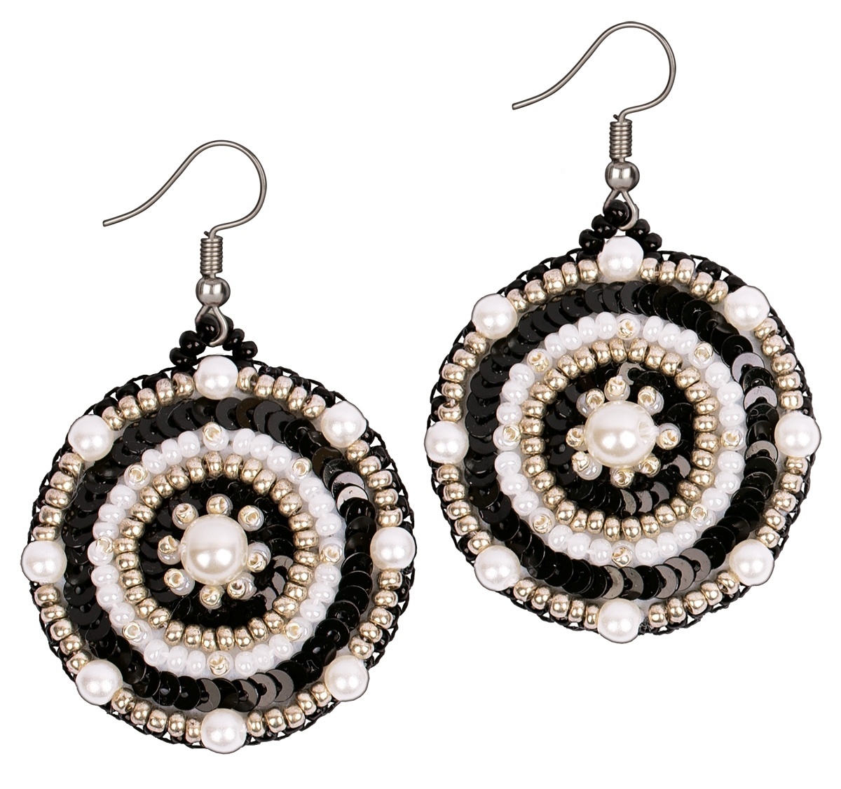 Circle Earrings. Black and White Ornament Bead Embroidery Kit фото 1