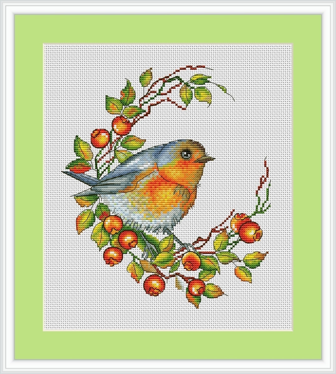 Bird and Rosehip Branch Cross Stitch Pattern фото 1