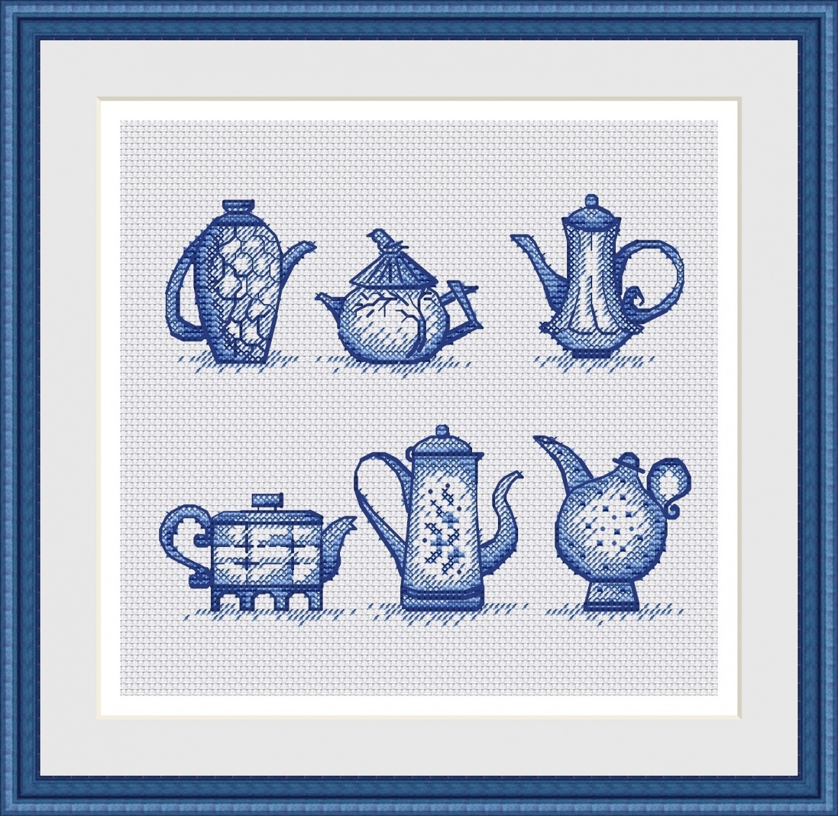 Blue Teapots Cross Stitch Pattern фото 1