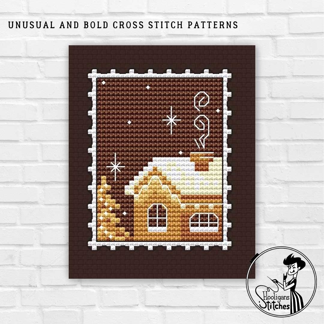 Postage Stamp. Gingerbread House Cross Stitch Pattern фото 1