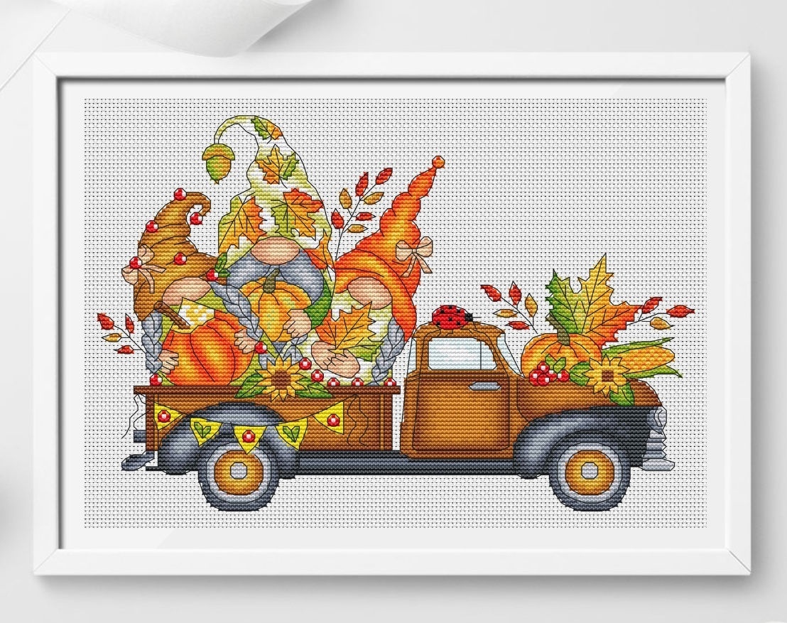 Thanksgiving Gnomes Truck Cross Stitch Pattern фото 1