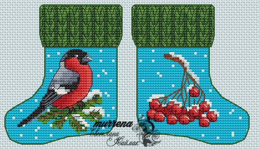Christmas Stocking. Bullfinch Cross Stitch Pattern фото 2