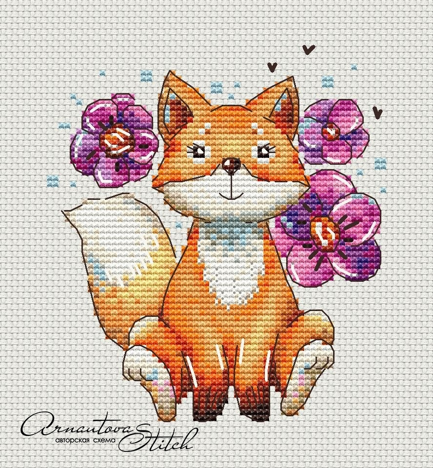 Fox Cub with Flowers Cross Stitch Pattern фото 1
