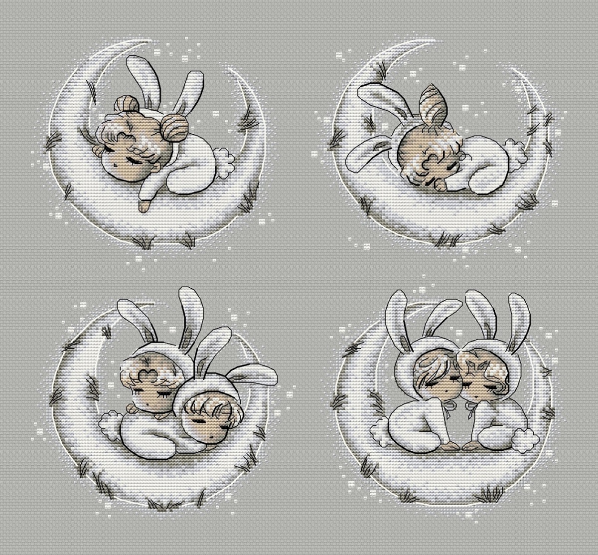 Baby Rabbits Monochrome Cross Stitch Pattern фото 1