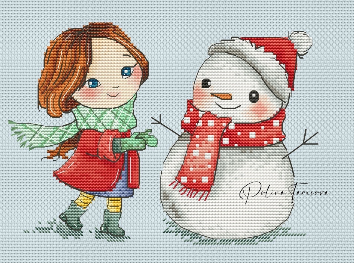 Mia and Snowman Cross Stitch Pattern фото 1