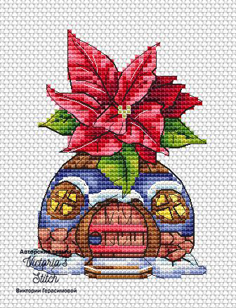 House with Poinsettia Cross Stitch Pattern фото 1