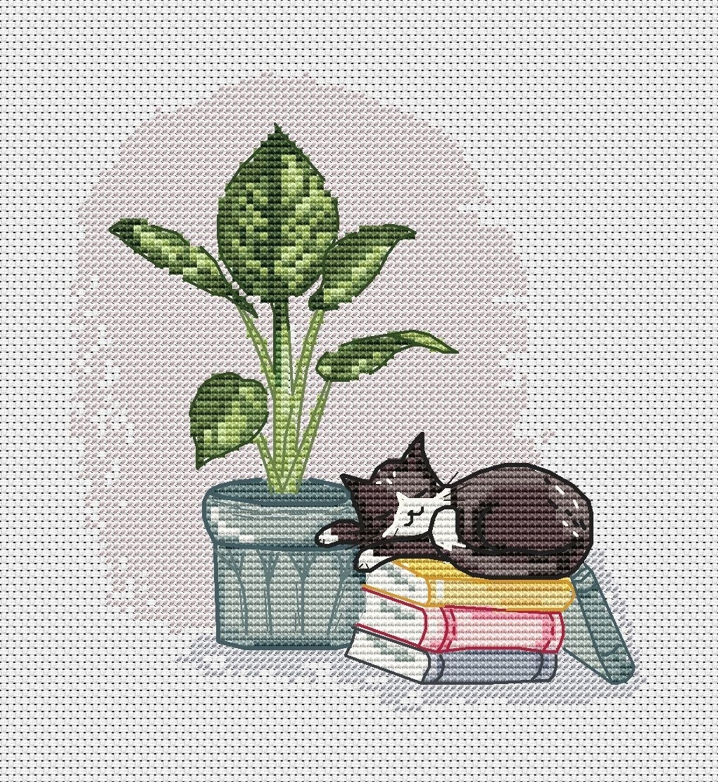 Sleeping Cat with a Plant Cross Stitch Pattern фото 2
