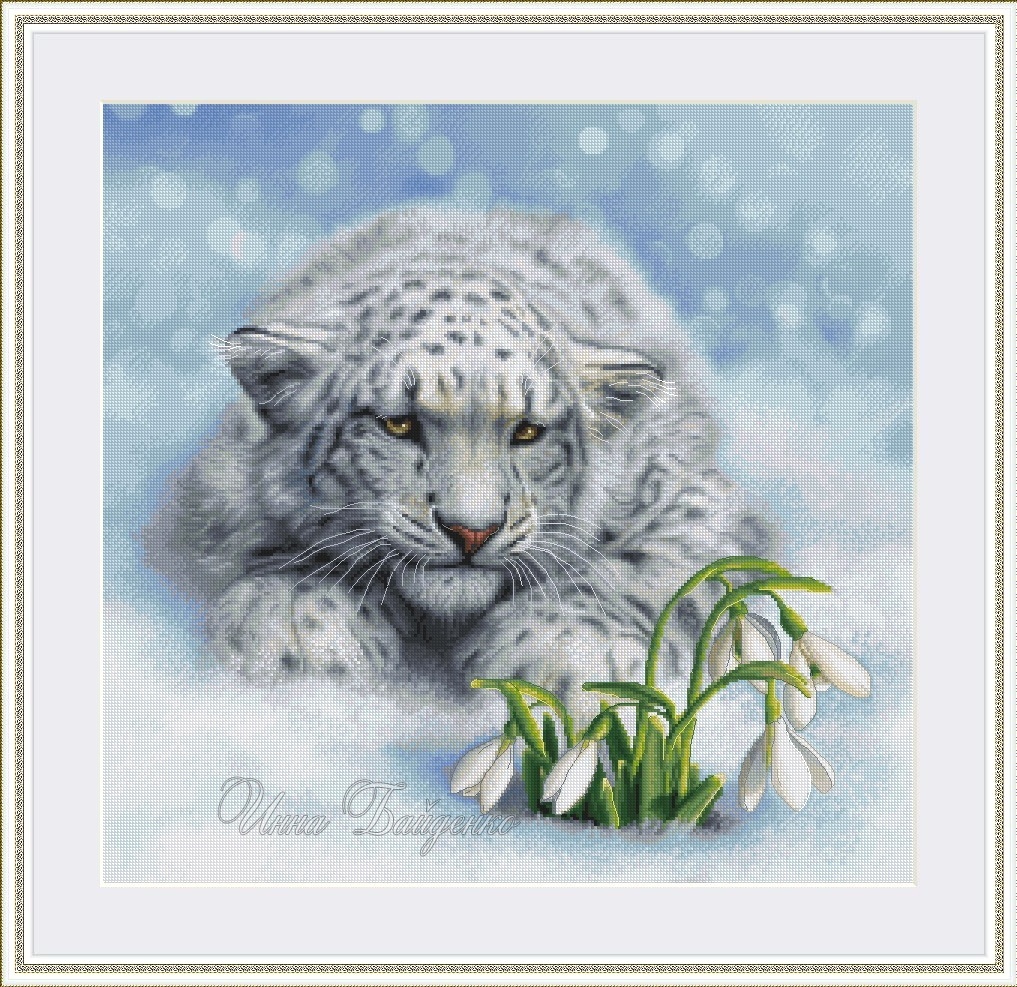 Snow Leopard and Snowdrops Cross Stitch Pattern фото 1