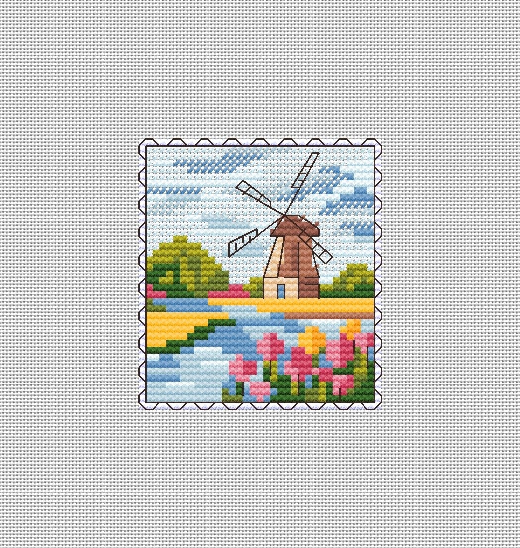 Mill Postage Stamp. Mini Stamp Series Cross Stitch Pattern фото 1
