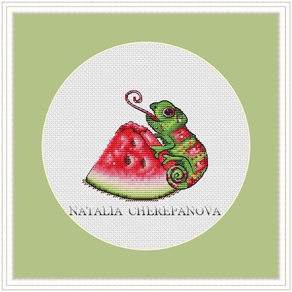 Watermelon Chameleon Cross Stitch Pattern фото 1