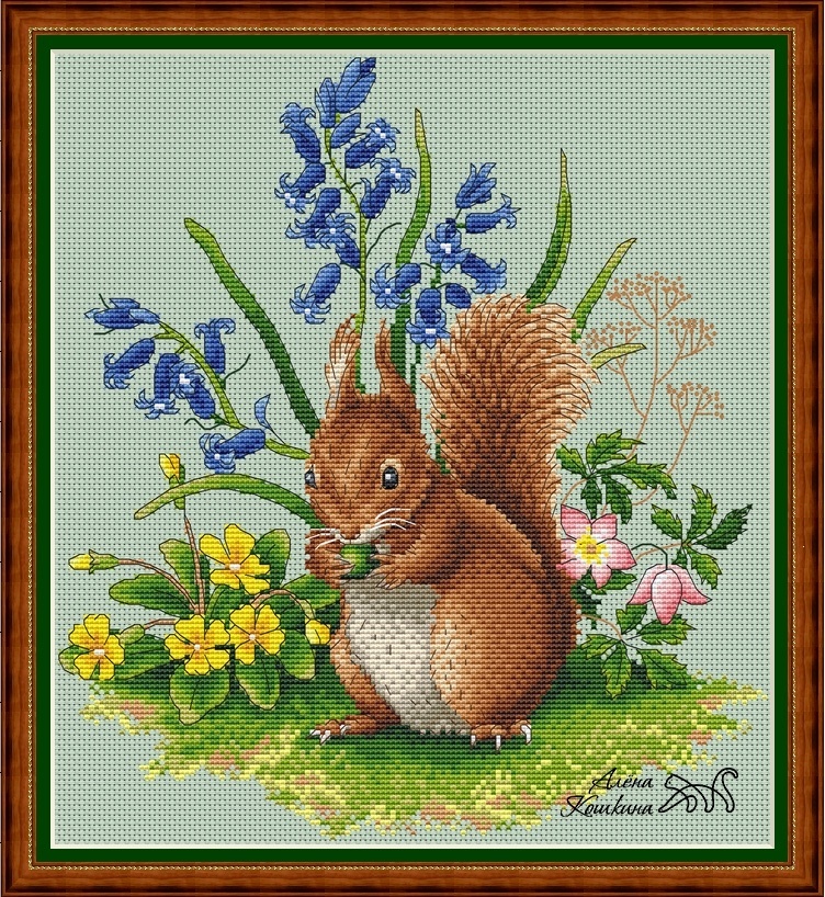 Squirrel in Flowers Cross Stitch Pattern фото 1