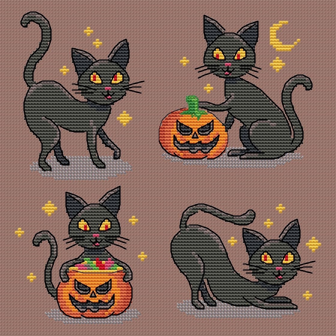 4 Halloween Cats Cross Stitch Pattern фото 1