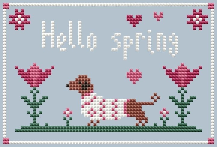 Hello Spring. Dachshund Cross Stitch Pattern фото 1