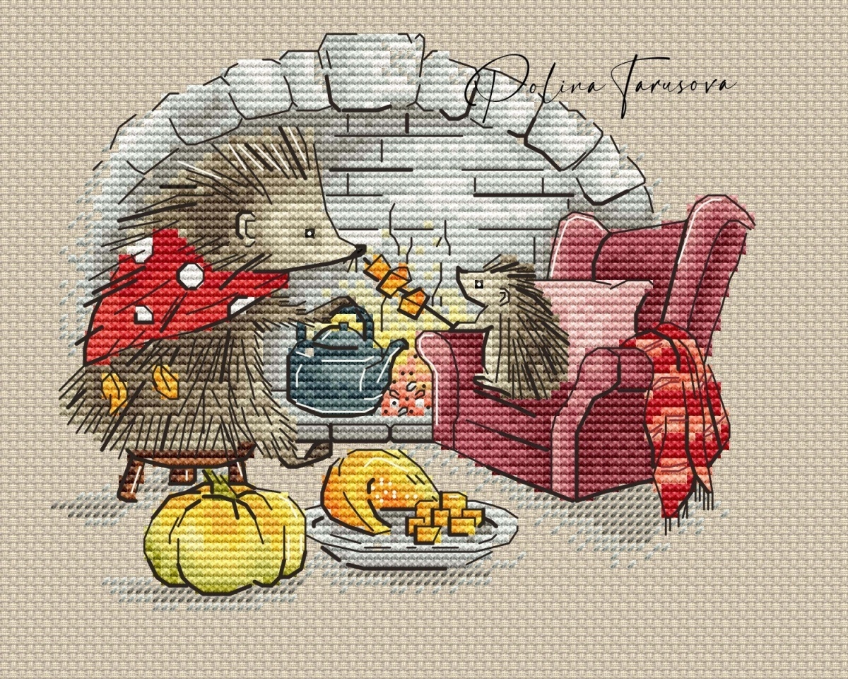 Hedgehogs. Autumn Dinner Cross Stitch Pattern фото 1