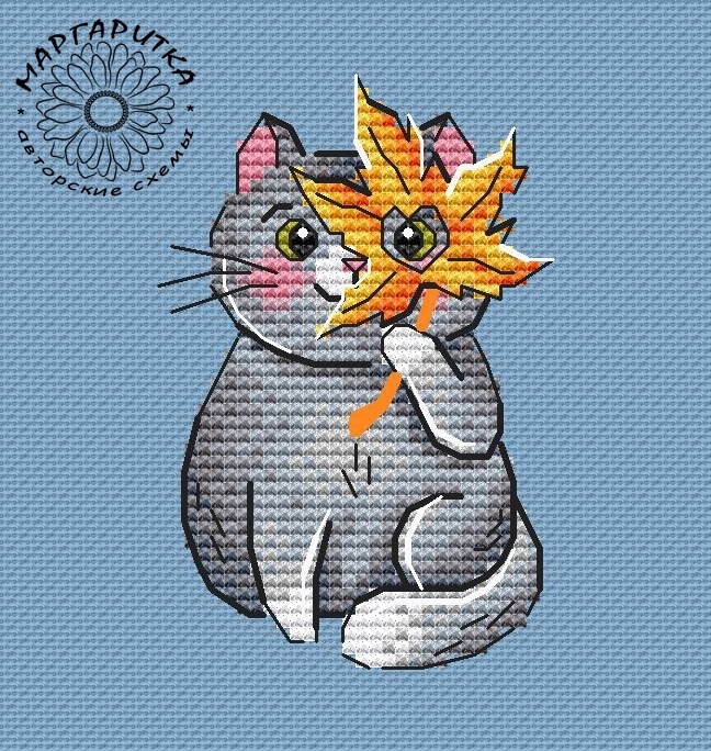Cat with Maple Leaf Cross Stitch Pattern фото 1
