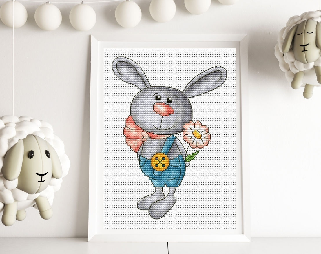Bunny with Daisy Cross Stitch Pattern фото 1